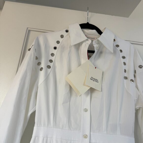 NWT Alexander McQueen A-line Midi Shirt Dress White Cotton Poplin Metal Eyelets - Picture 9 of 12